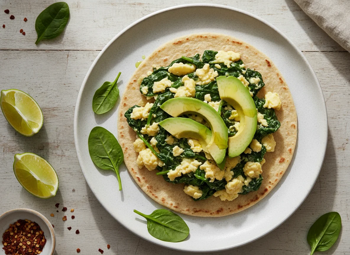 Taco de huevo con espinacas y aguacate photo