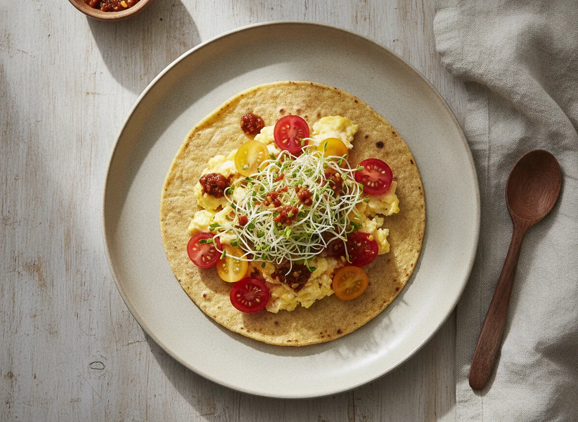 Taco de huevo con germinado y jitomates cherry photo