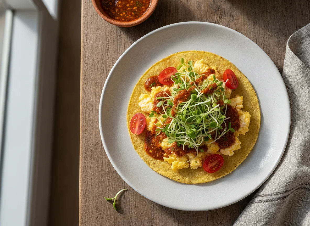 Taco de huevo con germinado y tomates cherry photo