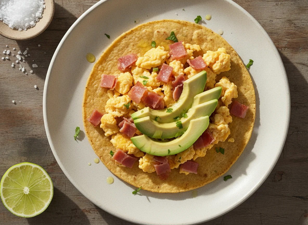 Taco de huevo con jamón y aguacate photo
