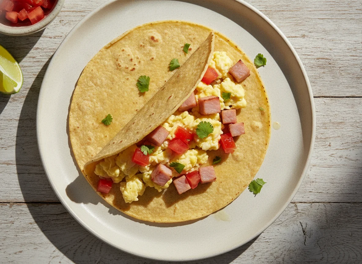 Taco de huevo con jamón y jitomate photo