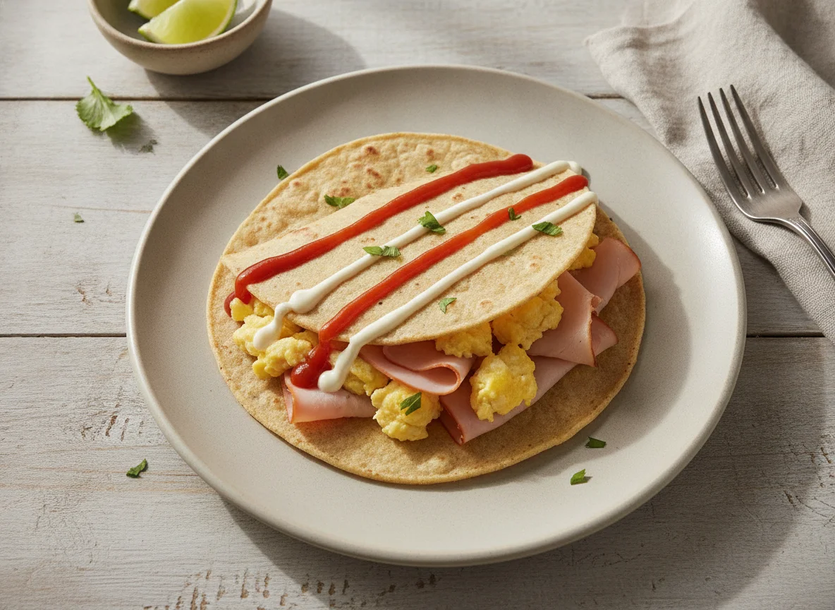 Taco de huevo con jamón y salsa photo