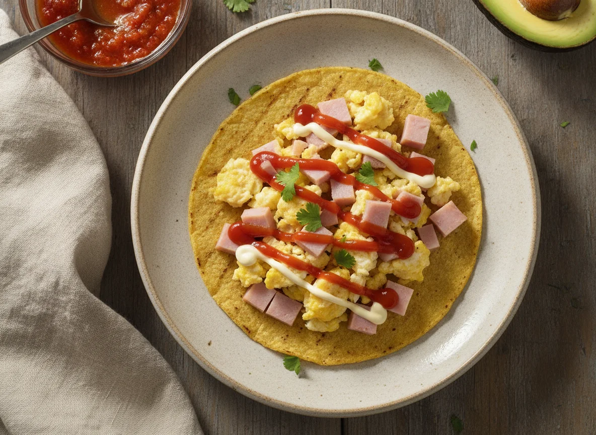 Taco de huevo con jamón y salsas photo