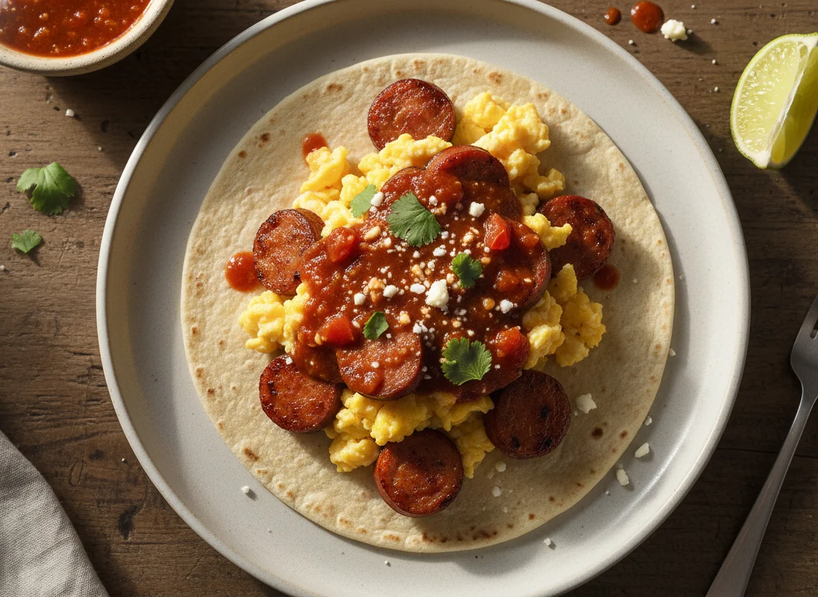 Taco de huevo con salchicha y salsa photo