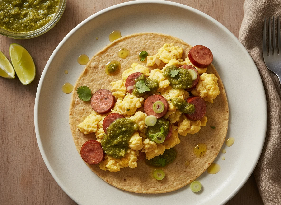 Taco de huevo con salchicha y salsa verde photo