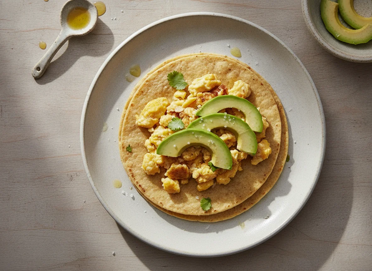 Taco de huevo revuelto con aguacate photo