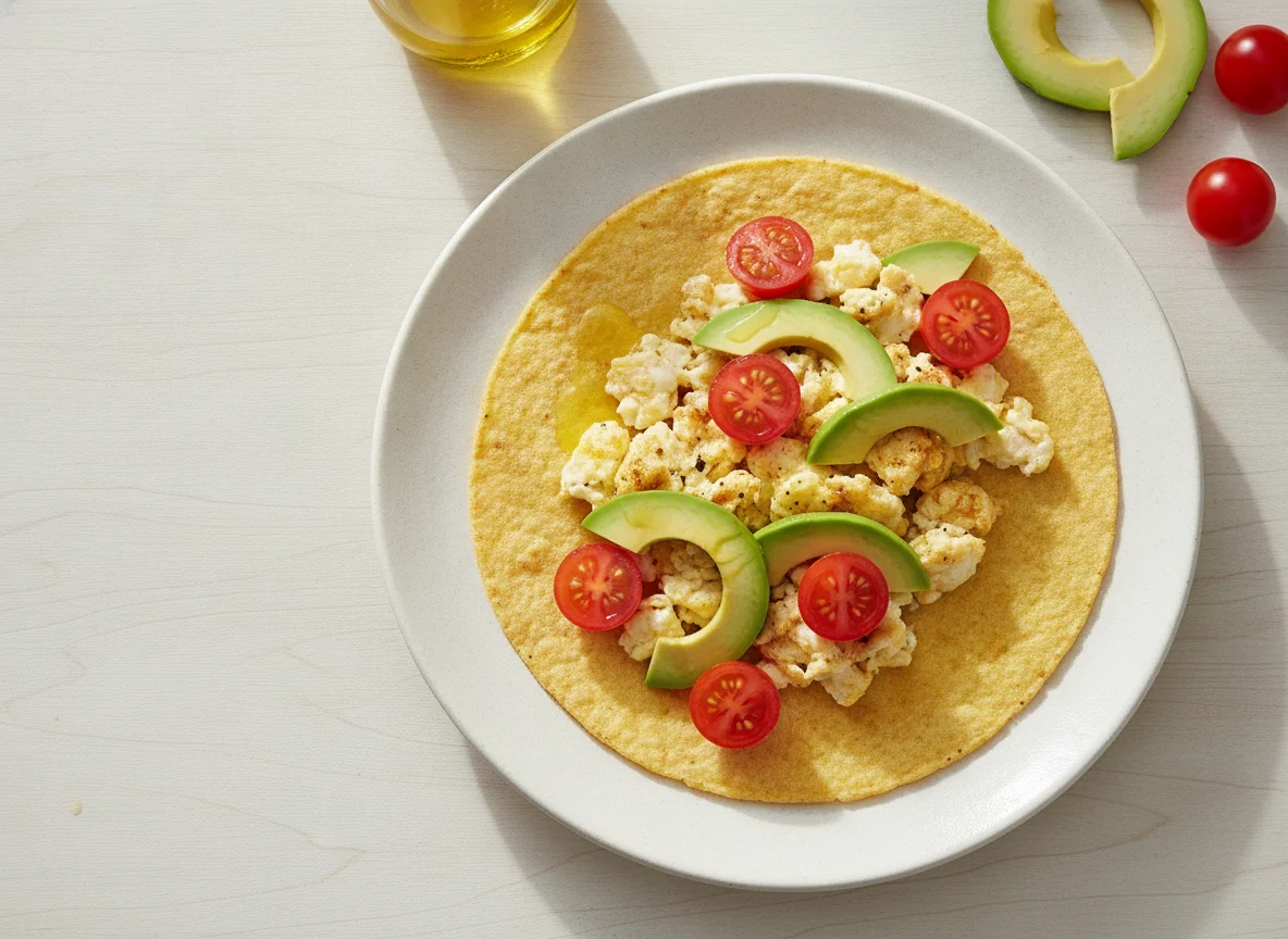Taco de huevo revuelto con aguacate y jitomates cherry photo