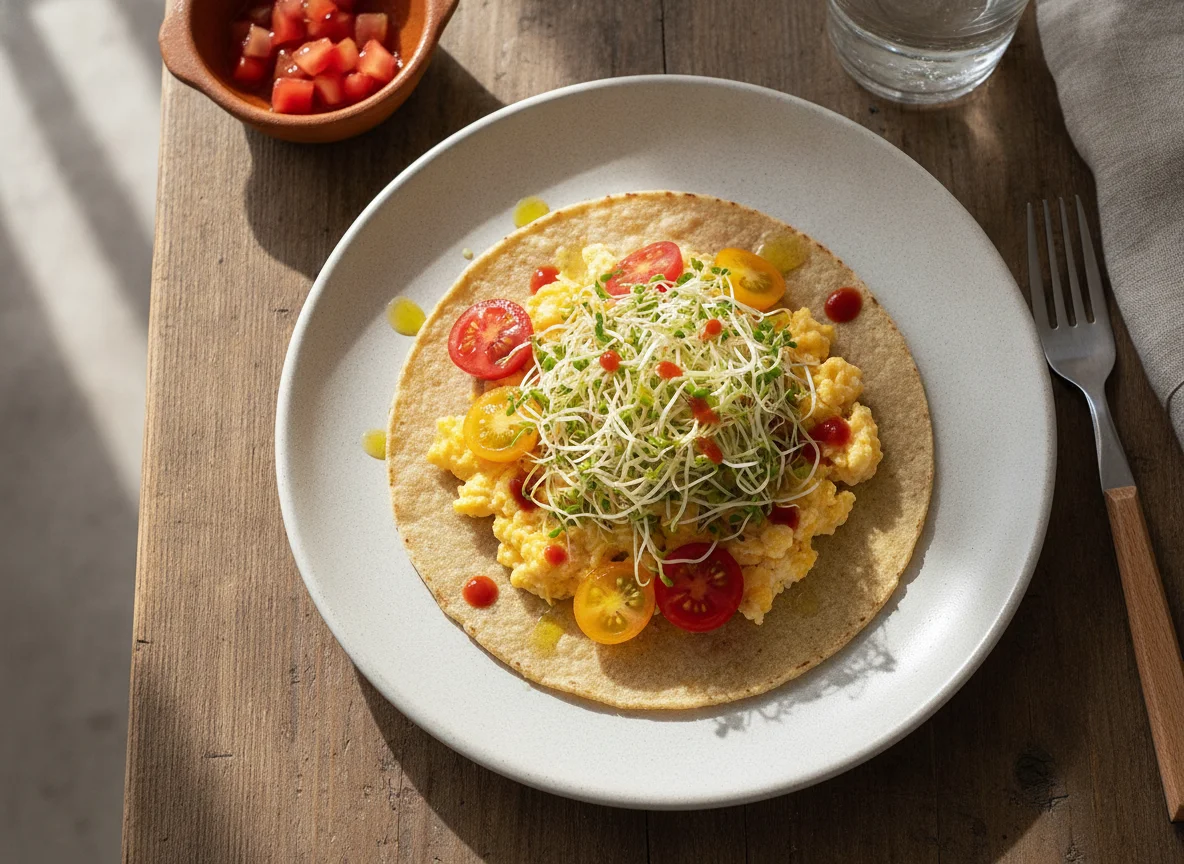 Taco de huevo revuelto con germinado y jitomates cherry photo