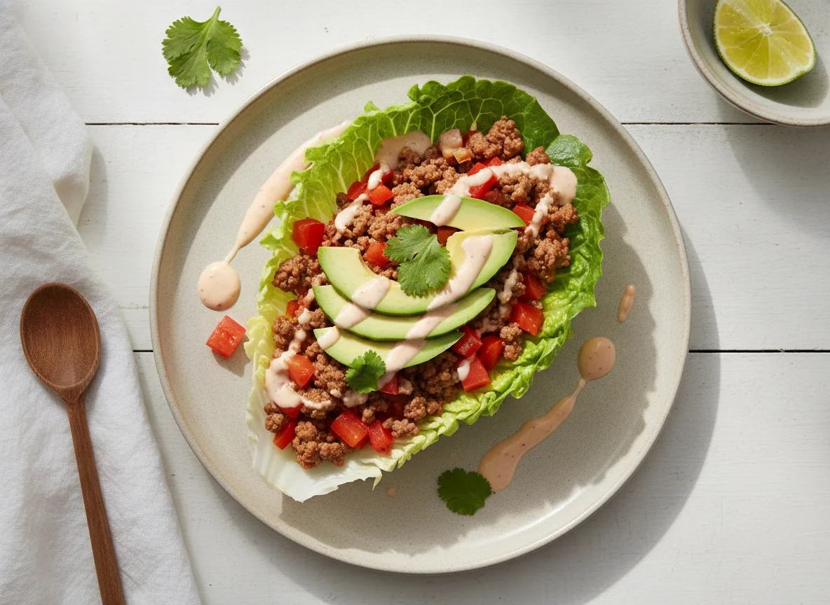 Taco de lechuga con carne y aguacate photo
