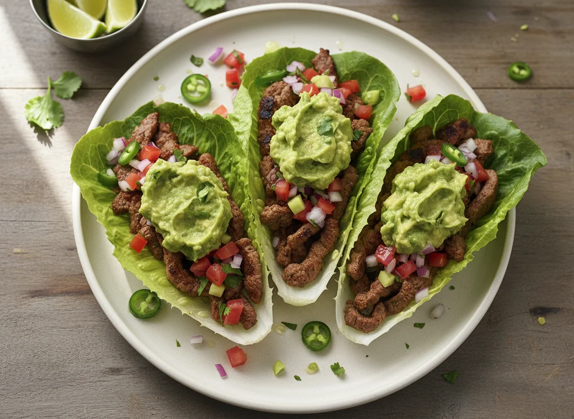 Taco de lechuga con carne y guacamole photo