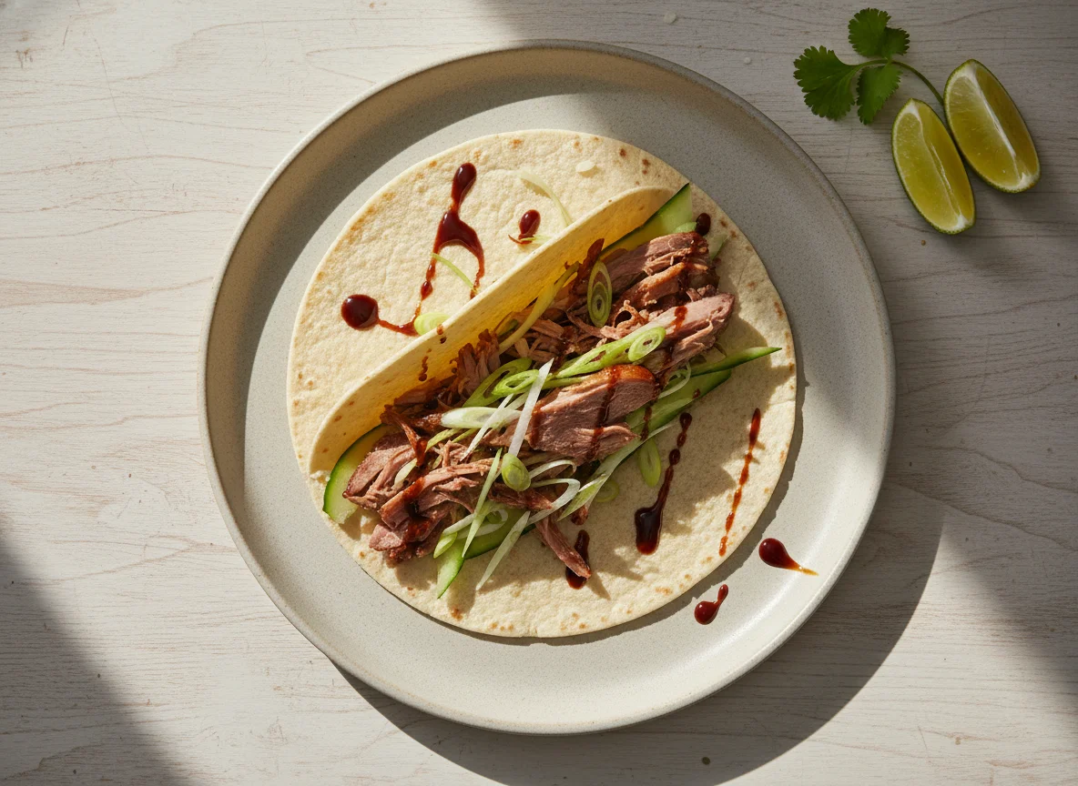 Taco de pato con cebolla y pepino photo