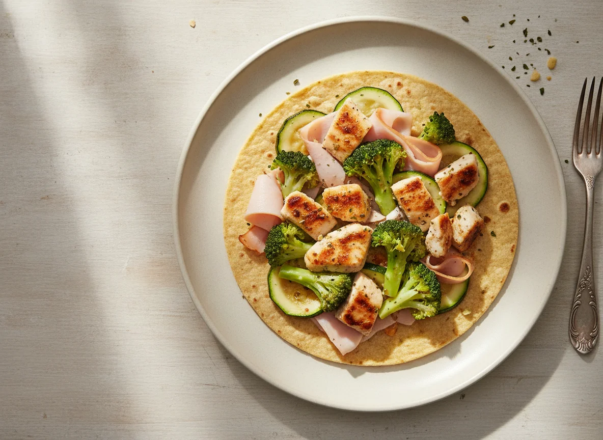 Taco de pechuga de pollo con brócoli y jamón photo