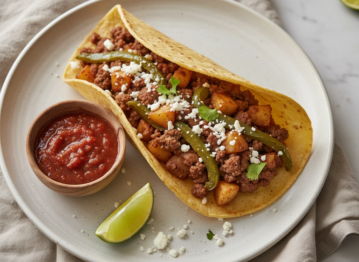Taco de picadillo con papas y chile photo