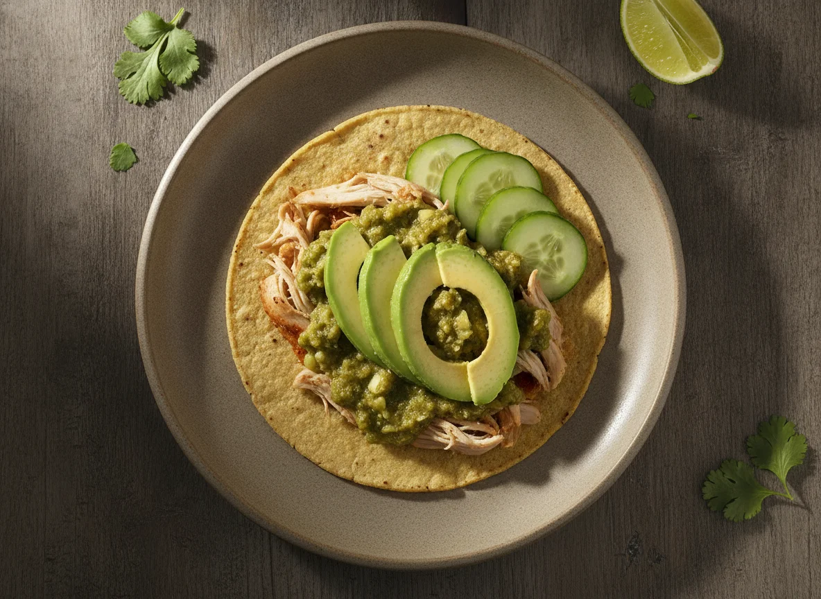 Taco de pollo con aguacate y salsa photo