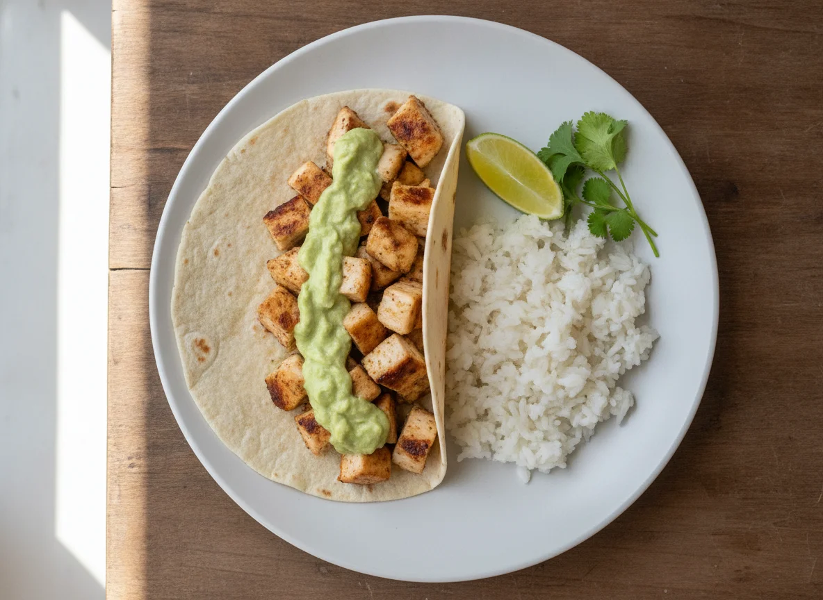 Taco de pollo con arroz y salsa de aguacate photo