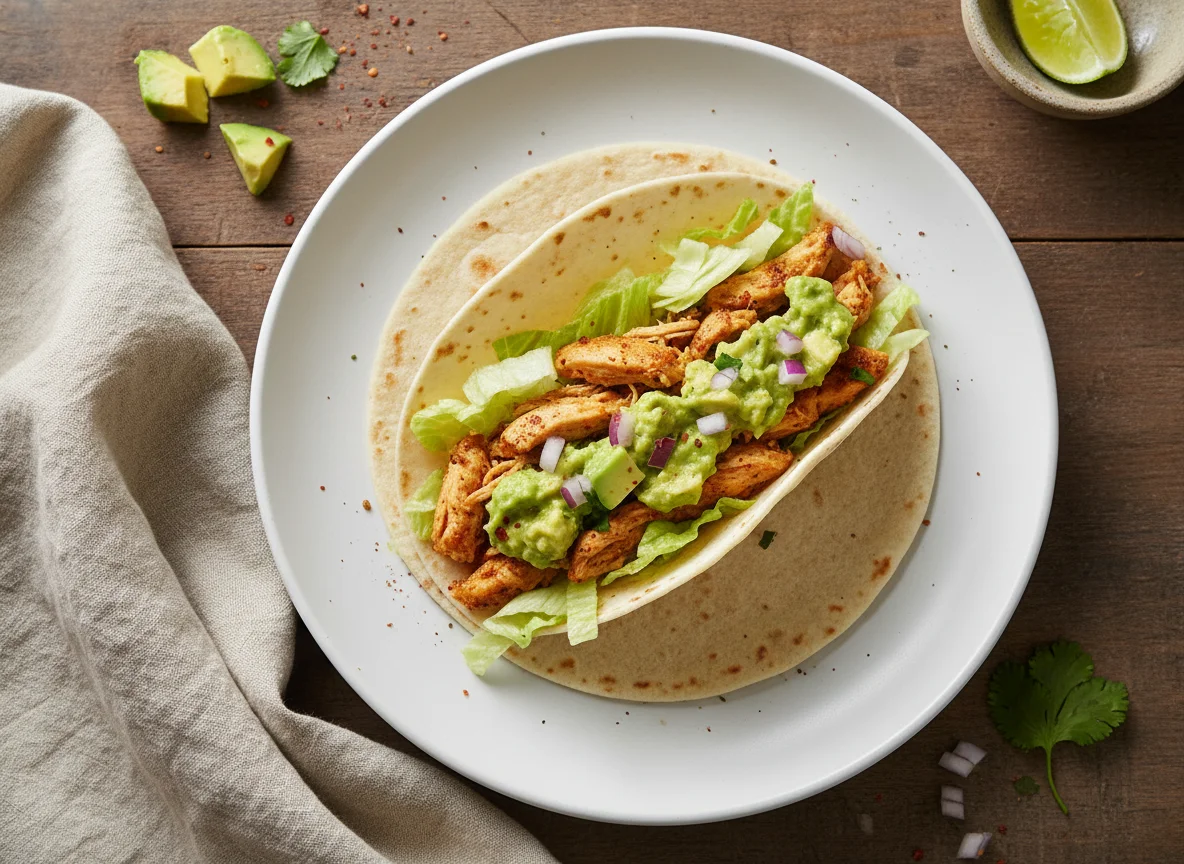 Taco de pollo con guacamole y lechuga photo