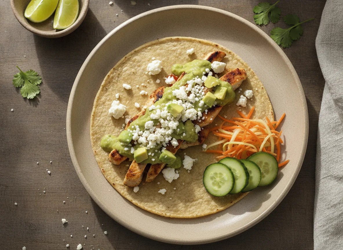 Taco de pollo con queso y guarnición de verduras photo