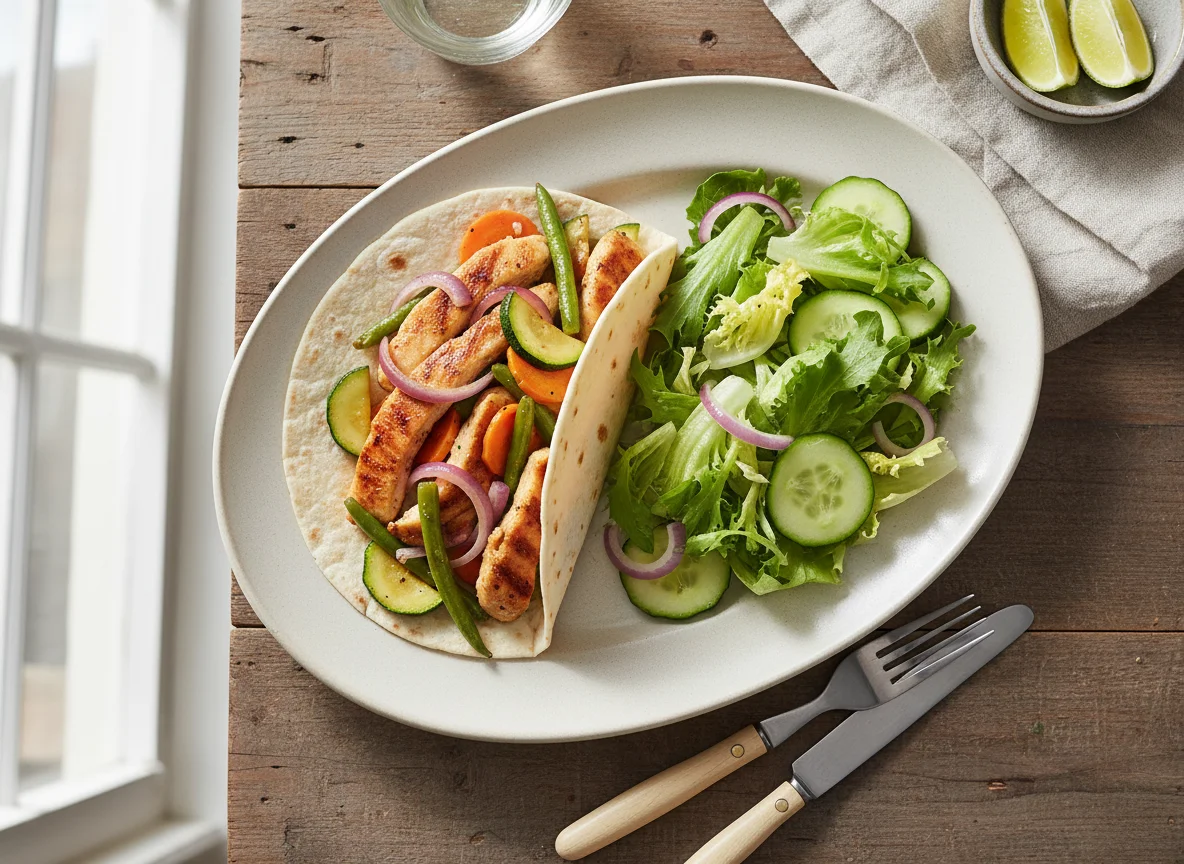 Taco de pollo con verduras salteadas y ensalada photo