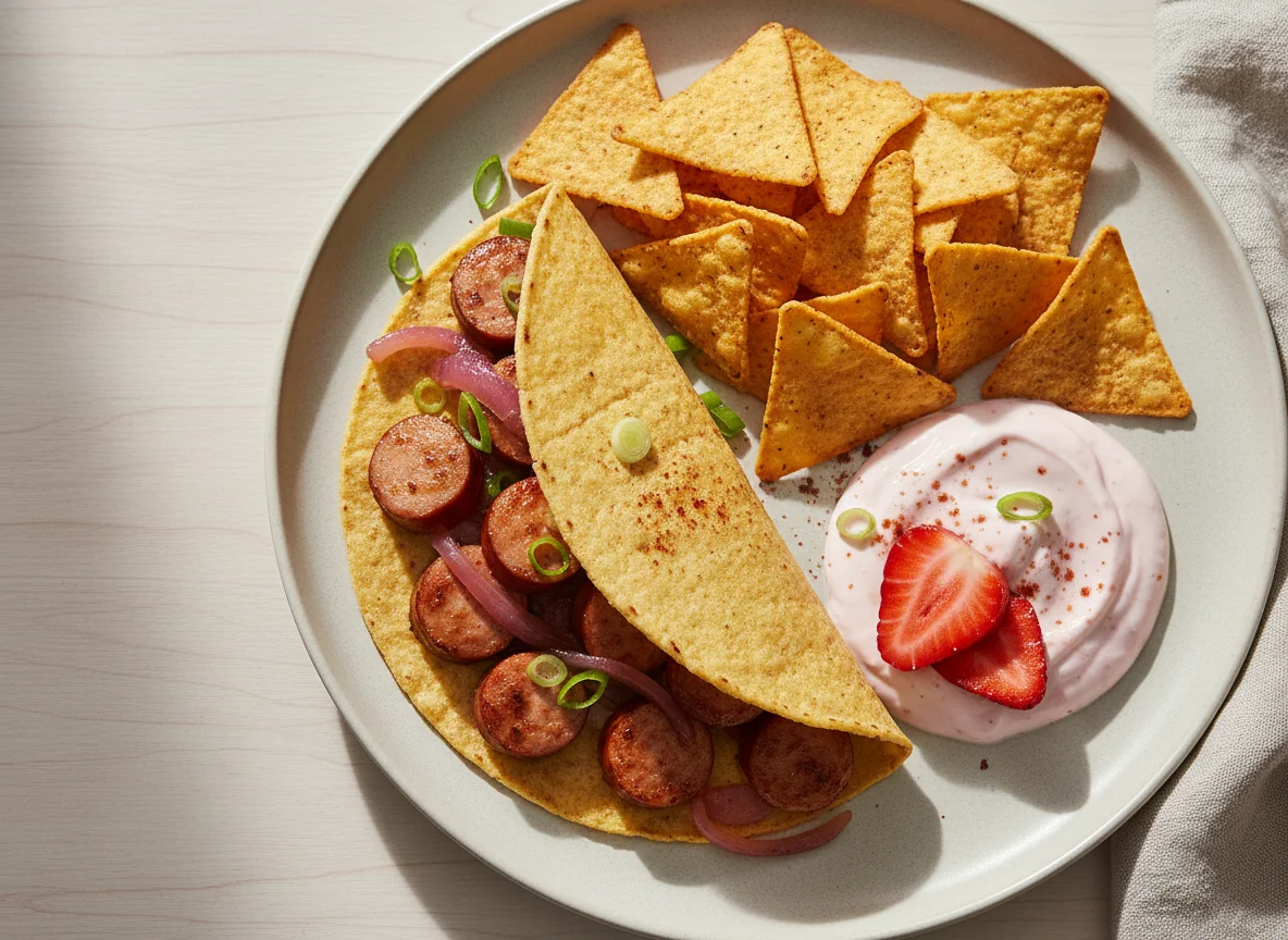 Taco de salchicha con totopos y yogur photo