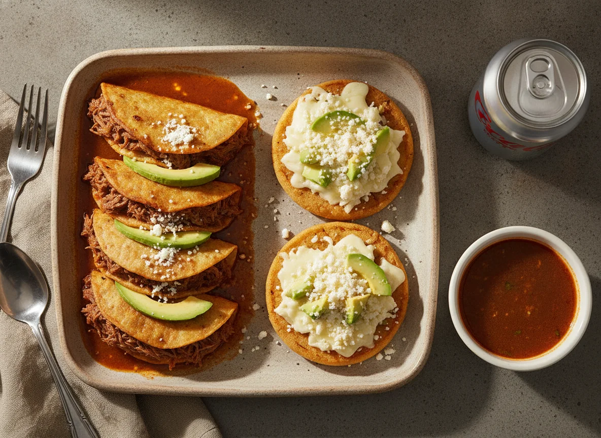 Taco dorado de barbacoa y sopes con queso photo