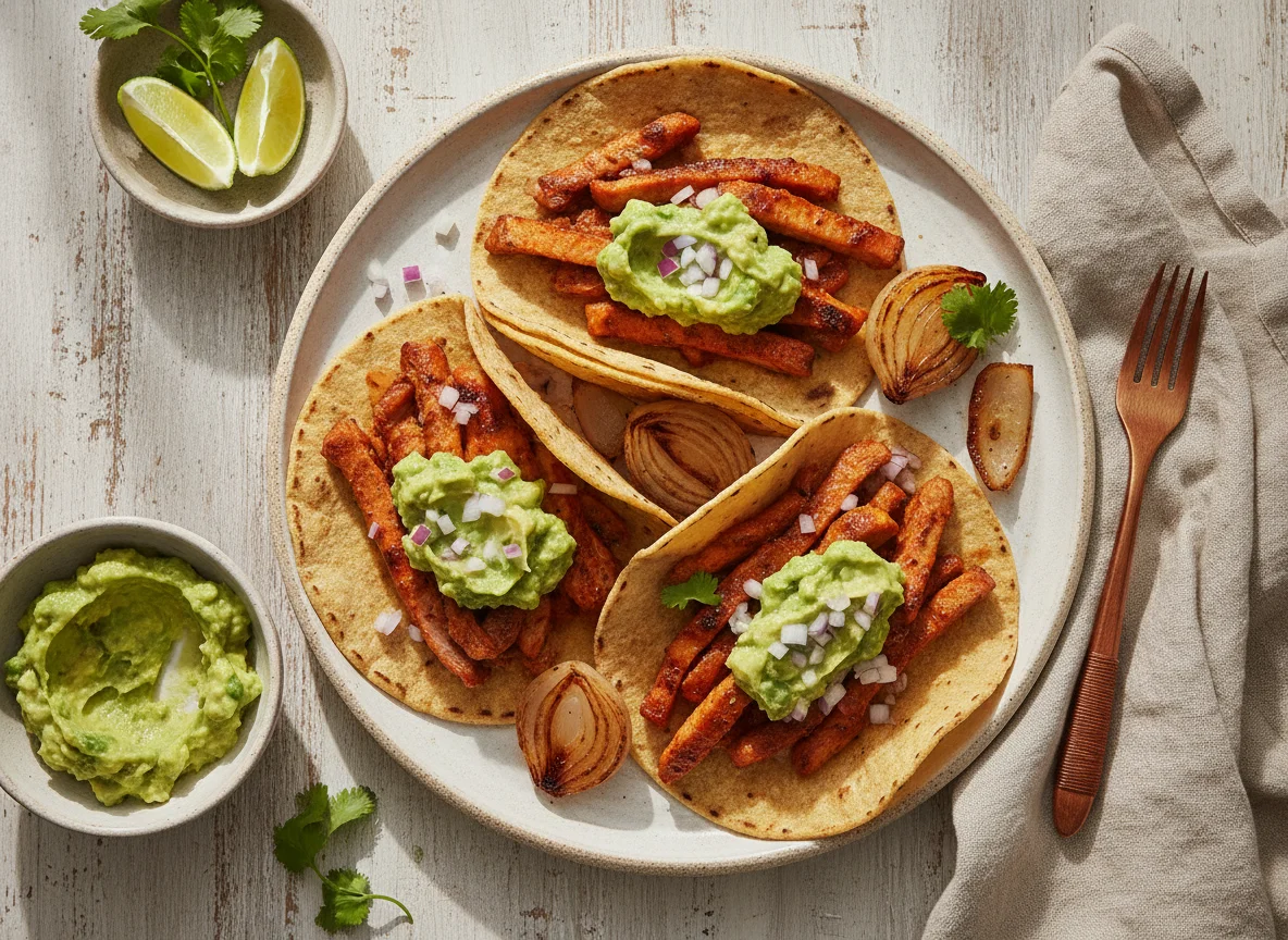 Tacos al pastor con guacamole y cebolla asada photo