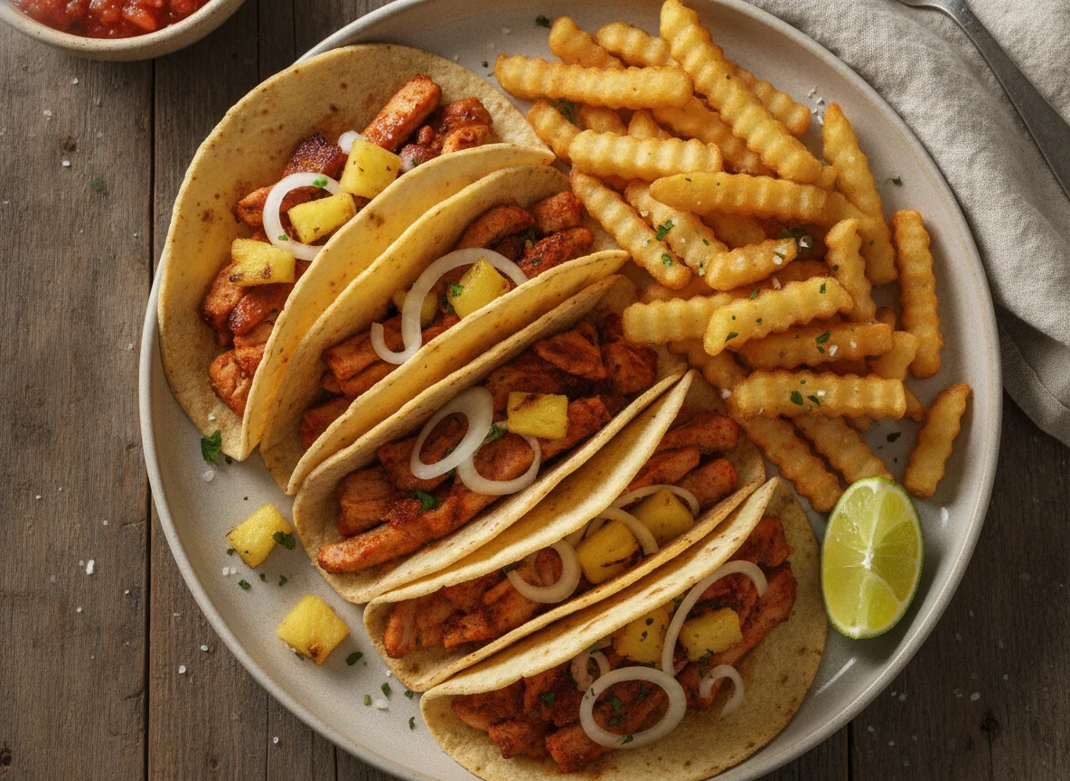 Tacos al pastor con papas fritas photo