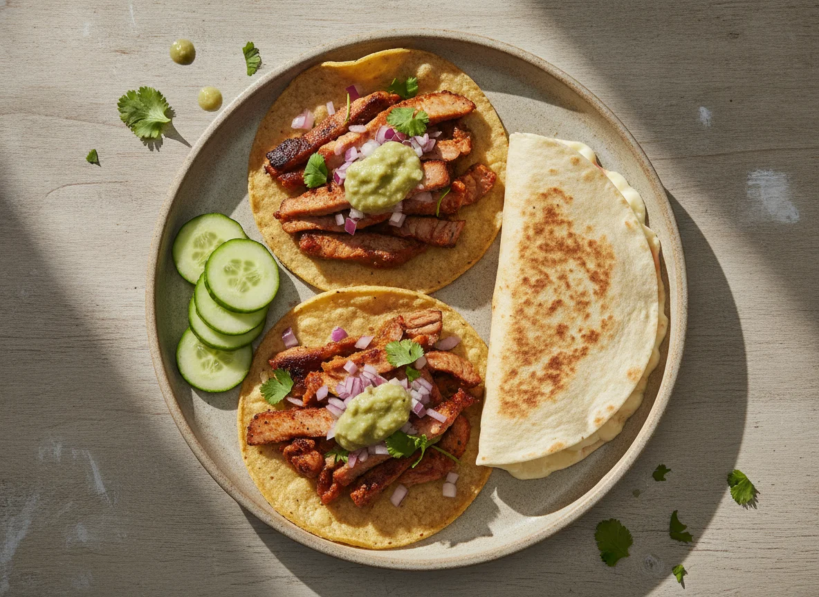 Tacos al pastor y quesadilla con pepinos photo