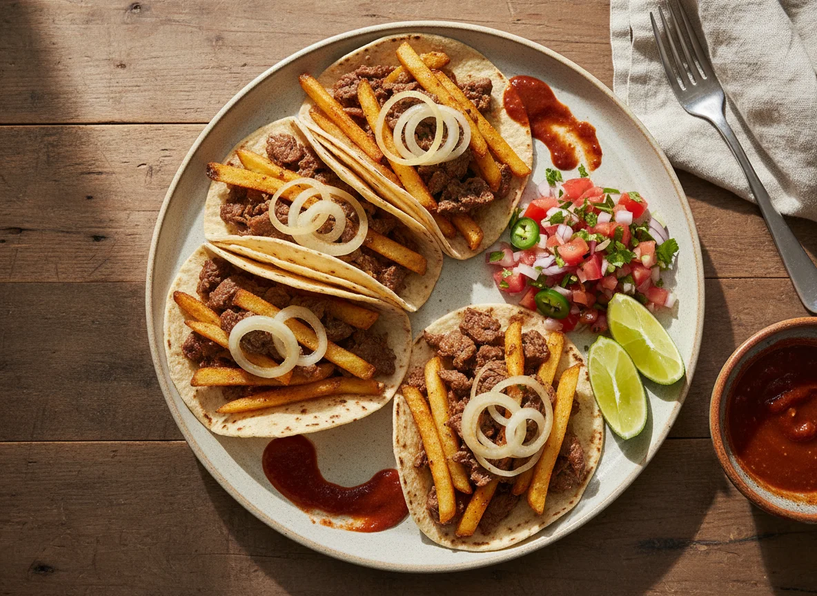 Tacos con papas fritas y salsa photo