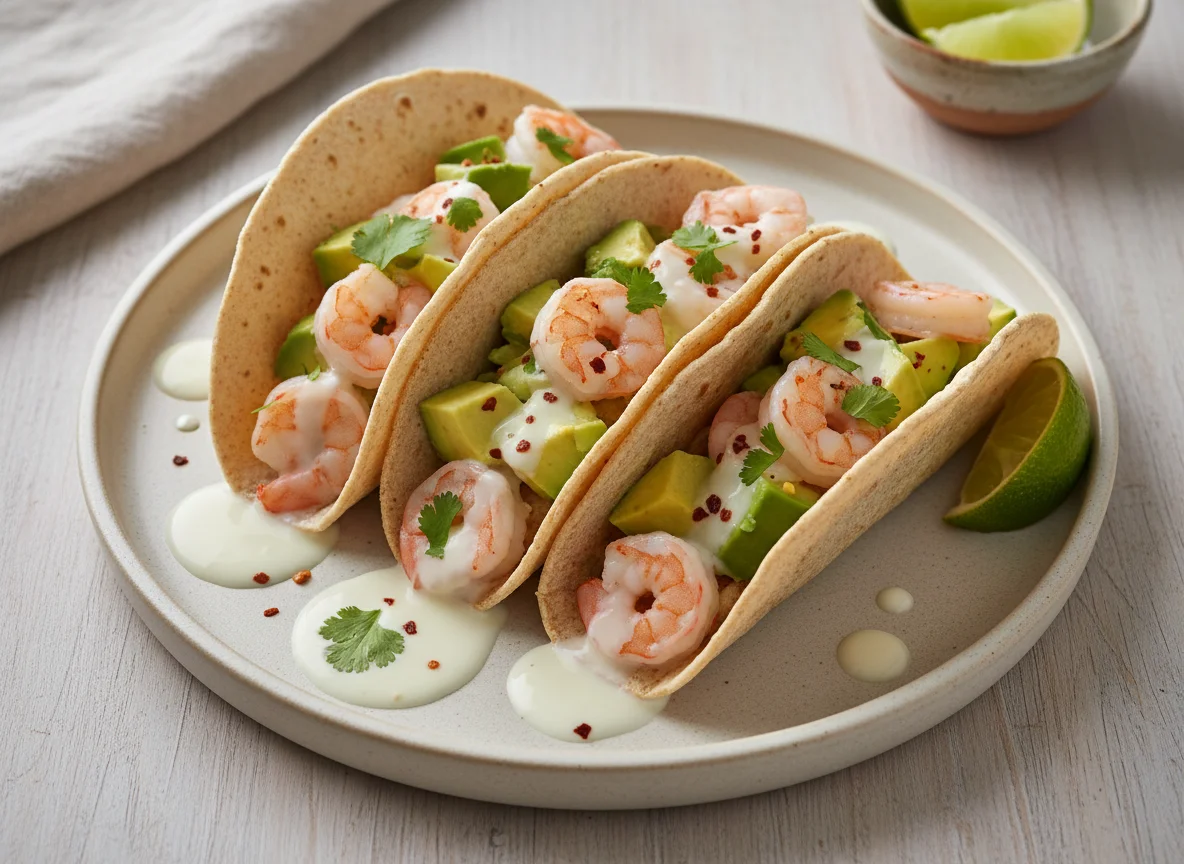 Tacos de aguacate y gambas con leche photo