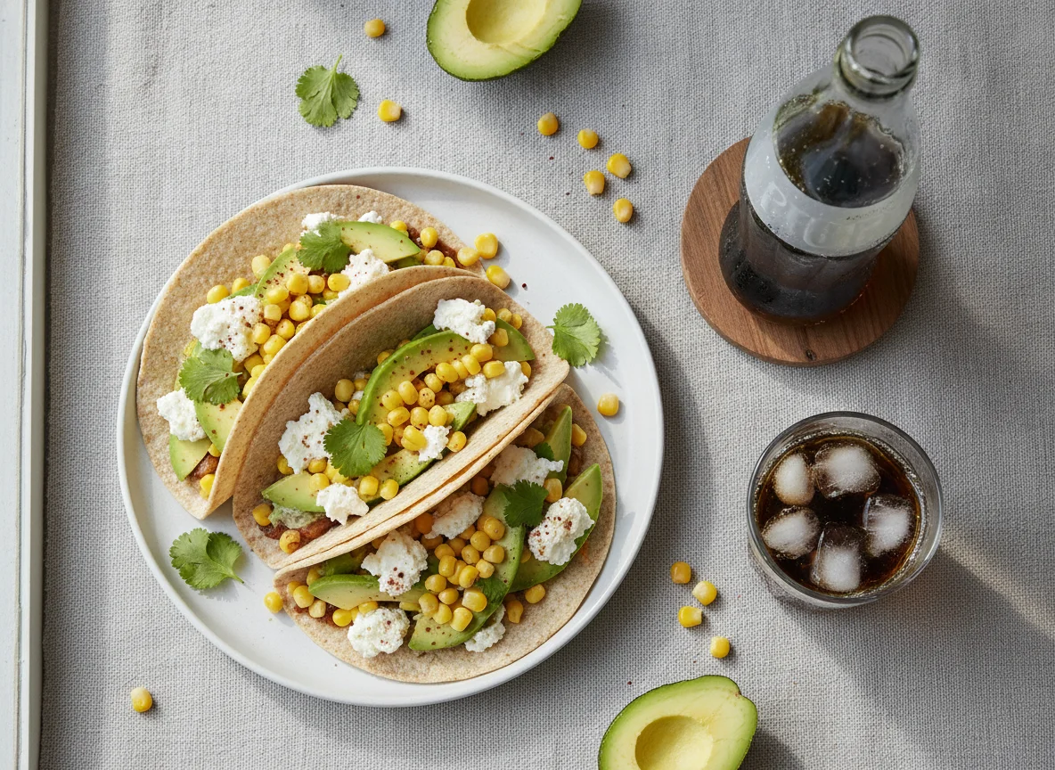 Tacos de aguacate y queso crema con refresco photo