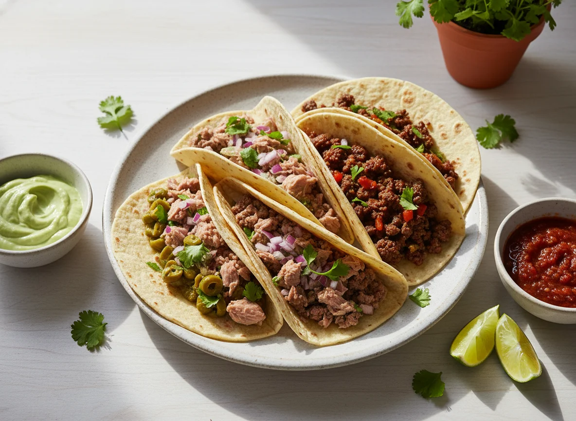 Tacos de atún y carne molida photo