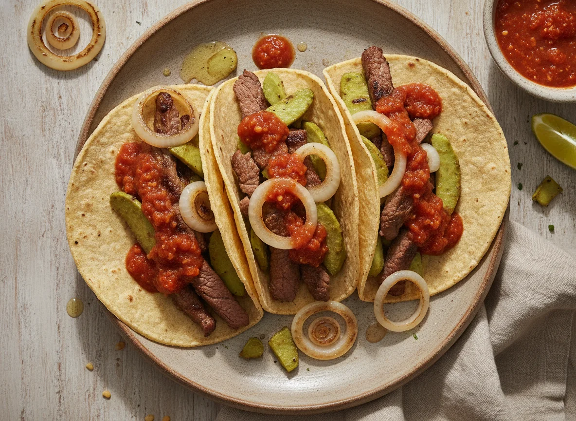 Tacos de bistec con nopales y cebolla photo