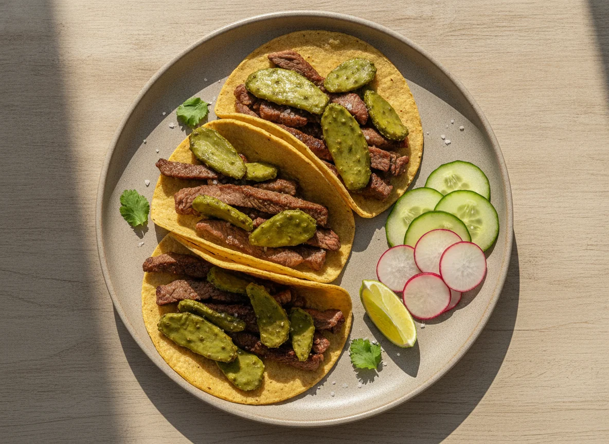 Tacos de bistec con nopales y guarnición photo