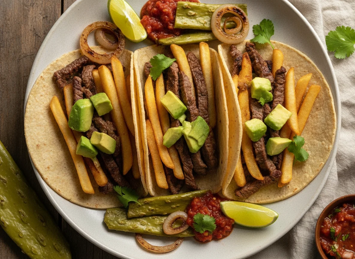 Tacos de bistec con papas y aguacate photo