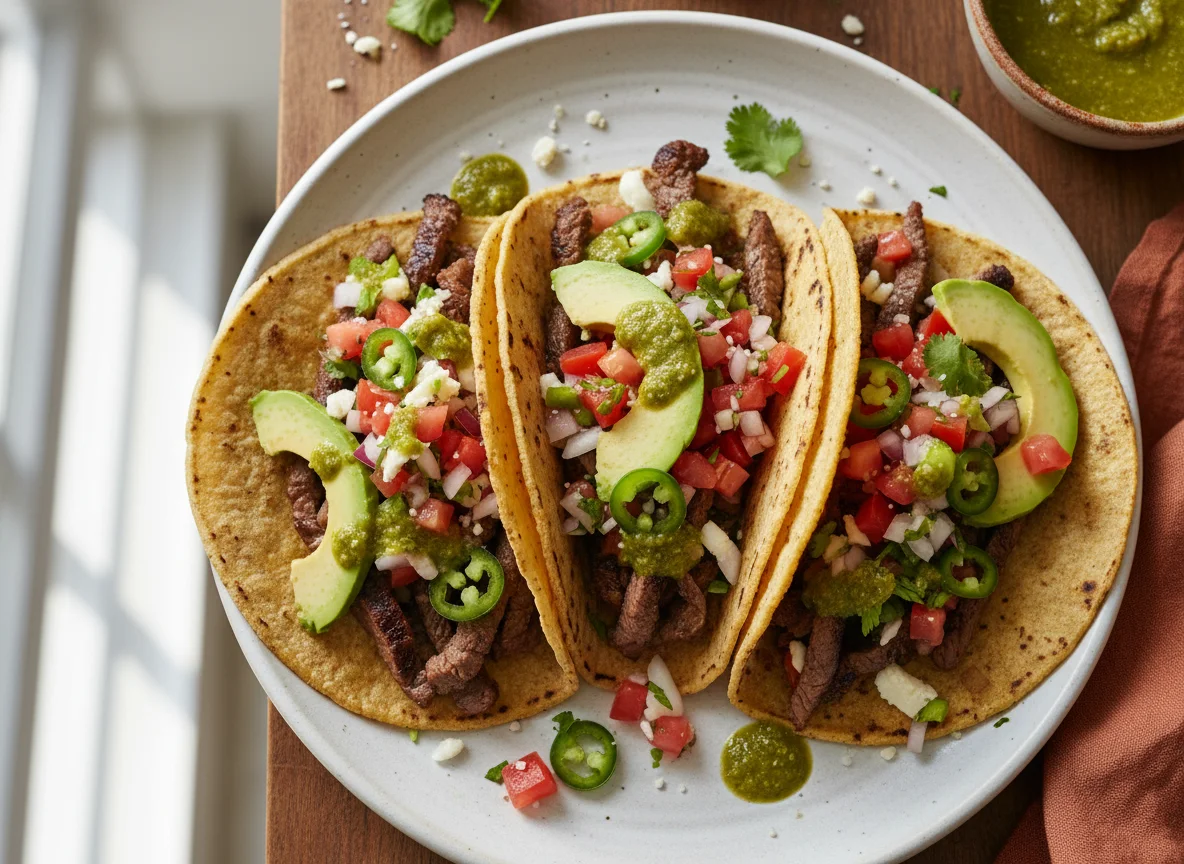 Tacos de bistec con pico de gallo y aguacate photo