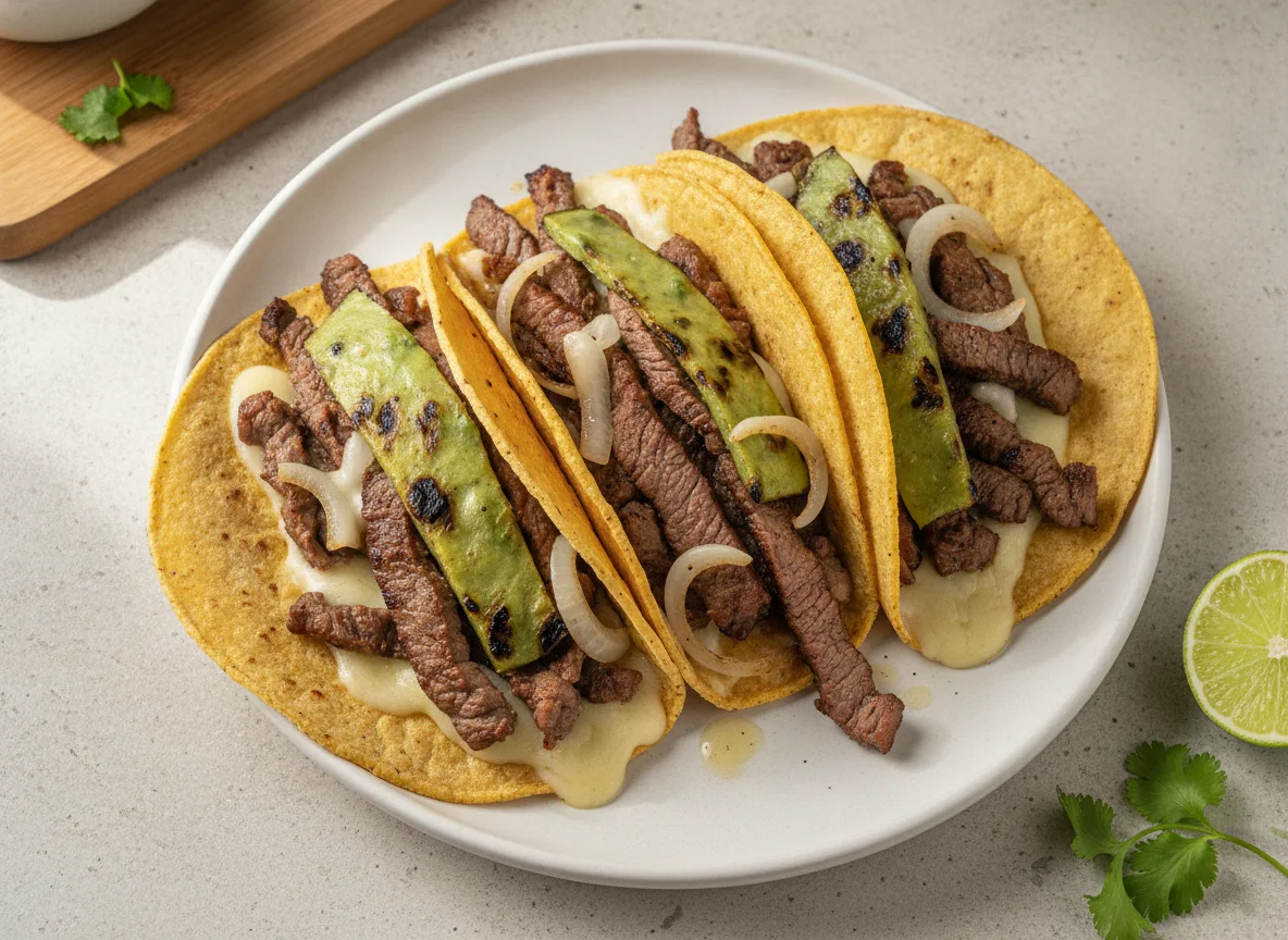 Tacos de bistec con queso y nopales photo