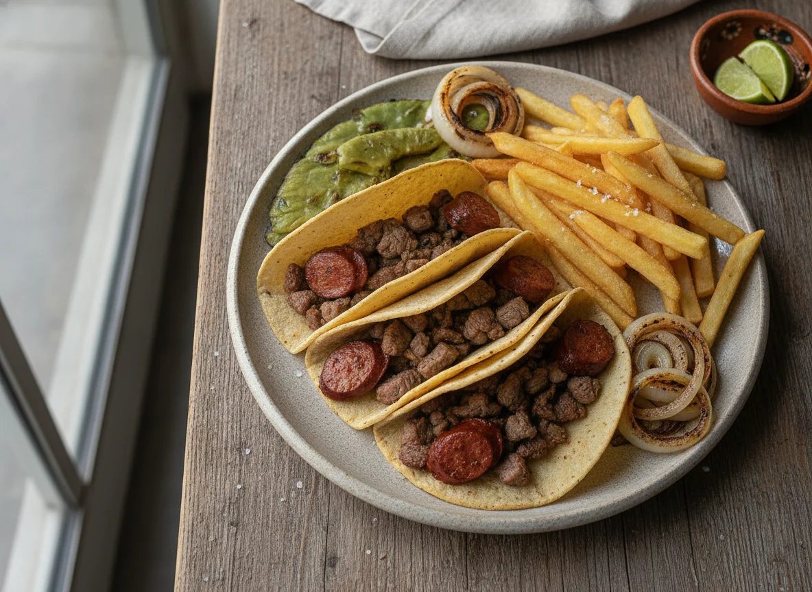 Tacos de bistec y longaniza con papas fritas photo