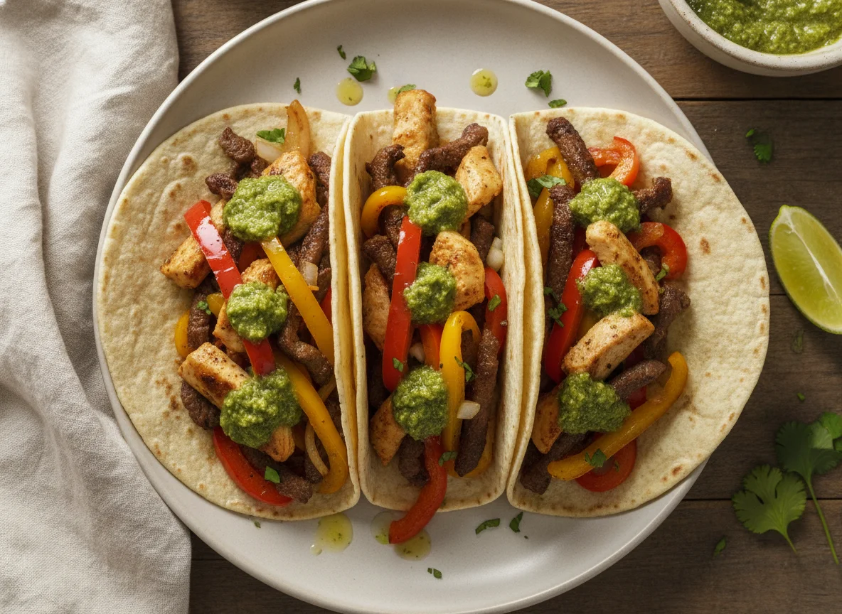 Tacos de bistec y pollo con pimientos photo