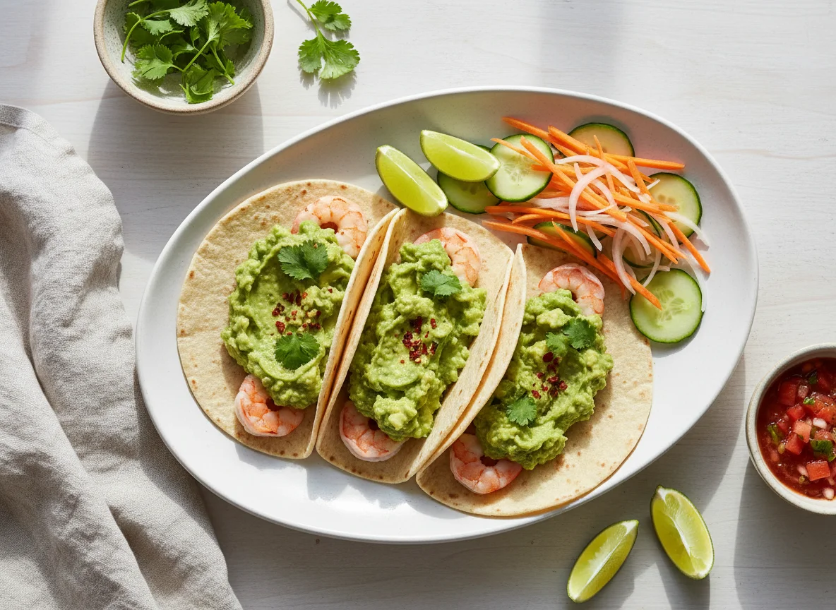 Tacos de camarones con guacamole y ensalada de zanahoria photo