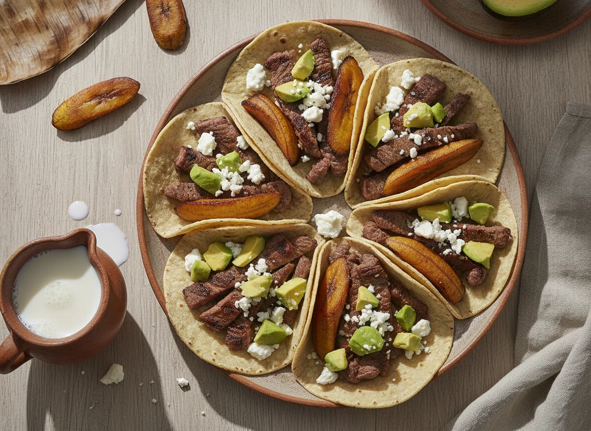 Tacos de carne asada con aguacate, plátano y leche photo
