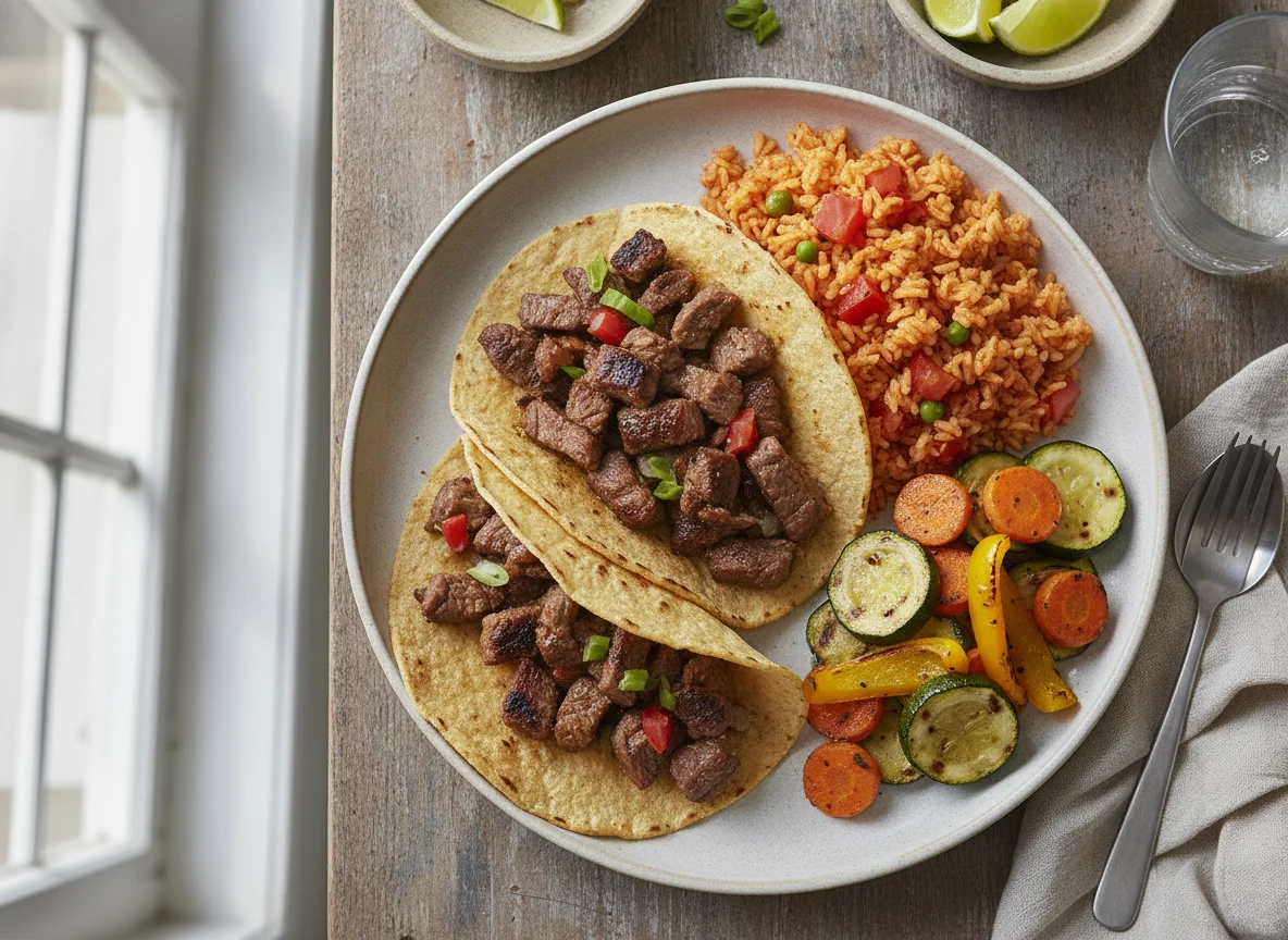 Tacos de carne asada con arroz y verduras photo