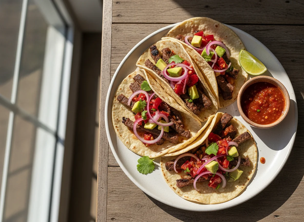 Tacos de carne asada con cebolla morada y salsa photo