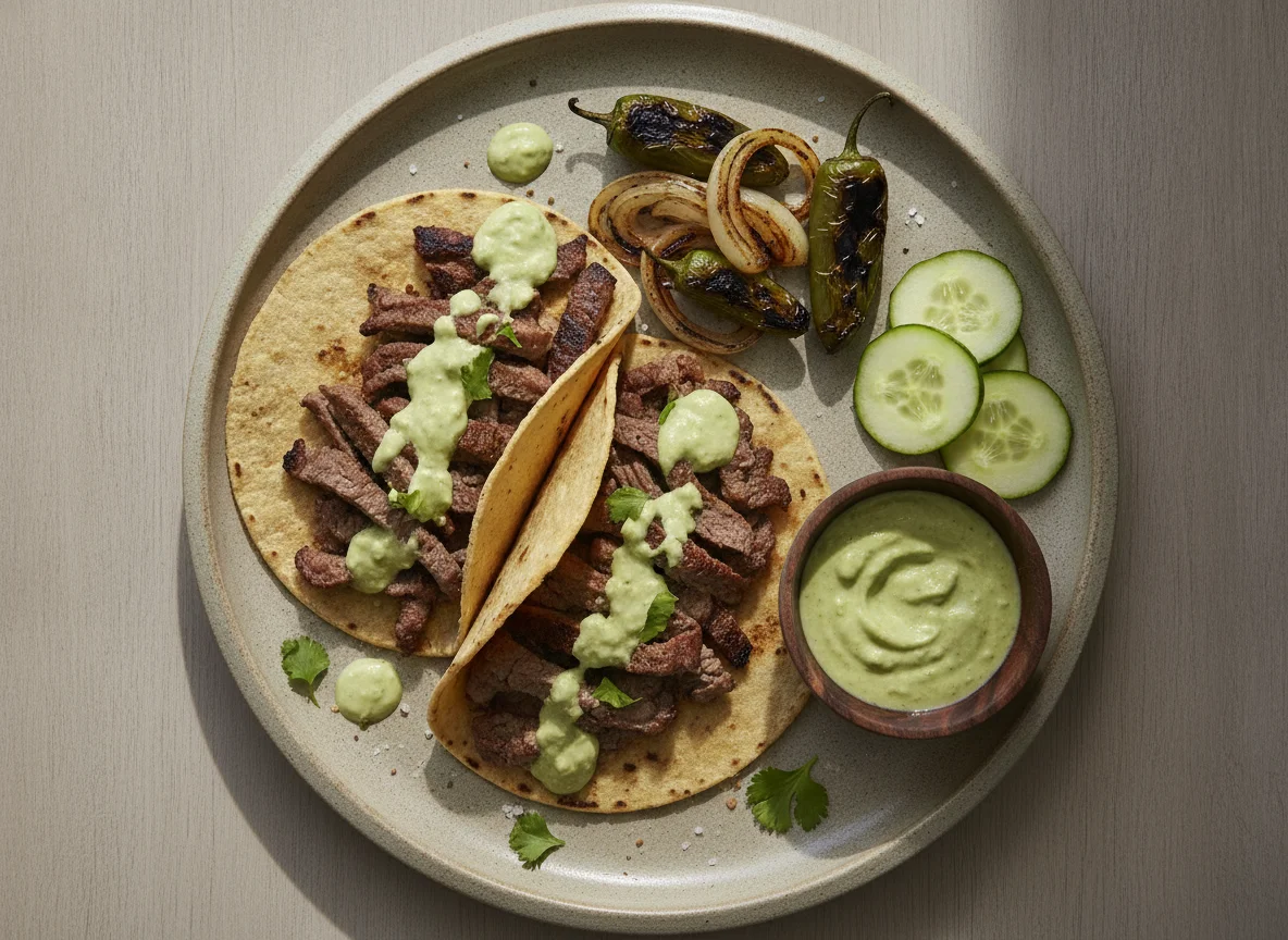 Tacos de carne asada con cebollas asadas y salsa de aguacate photo