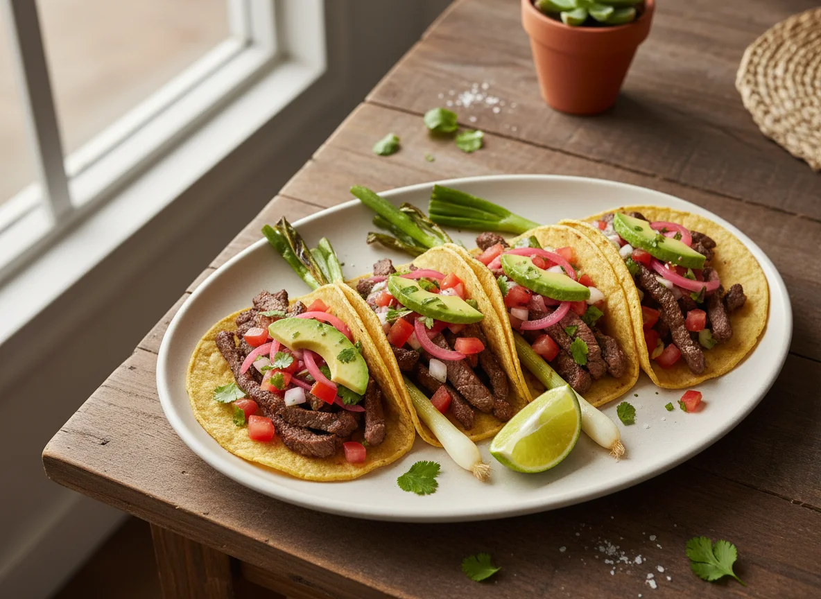 Tacos de carne asada con cebollitas asadas photo