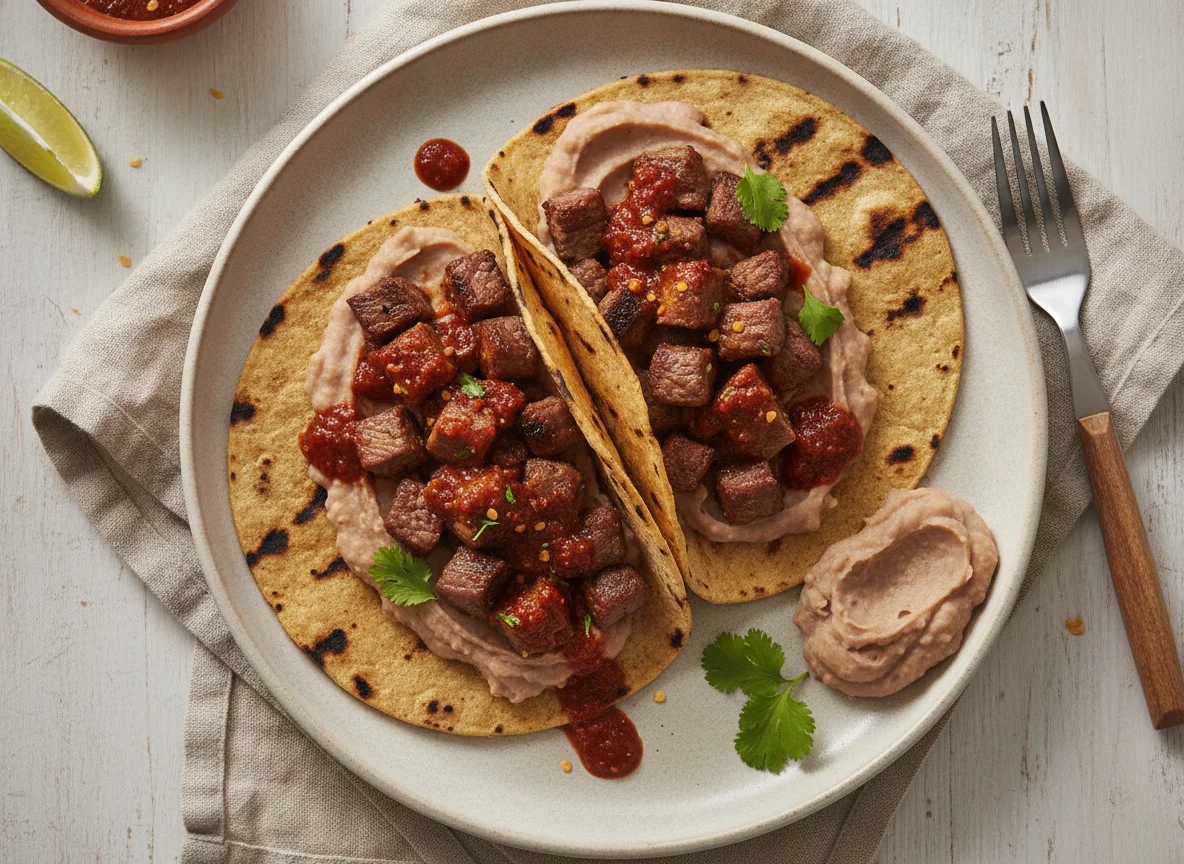 Tacos de carne asada con frijoles photo