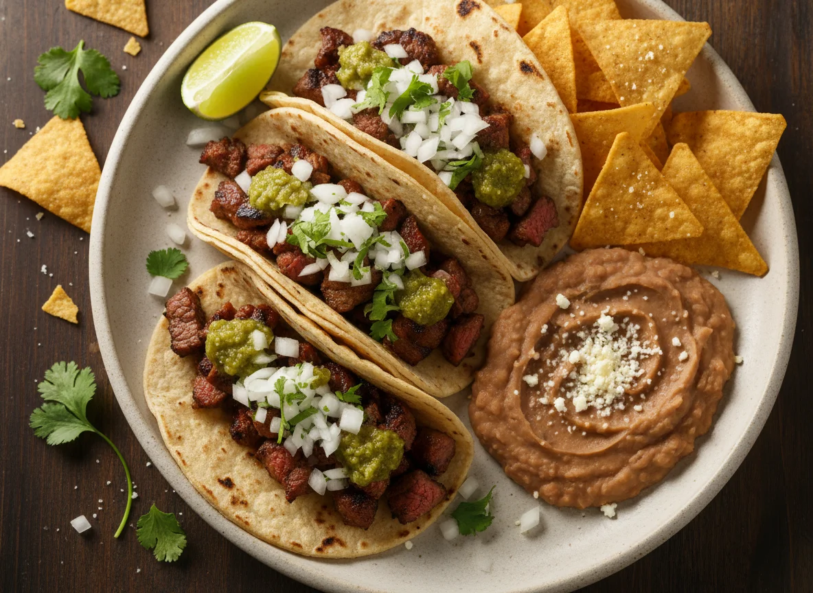 Tacos de carne asada con frijoles refritos y totopos photo
