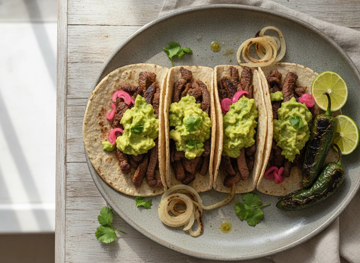 Tacos de carne asada con guacamole y cebolla photo