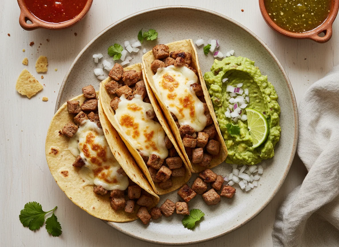 Tacos de carne asada con guacamole y queso photo