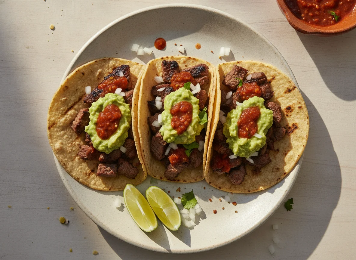 Tacos de carne asada con guacamole y salsa photo