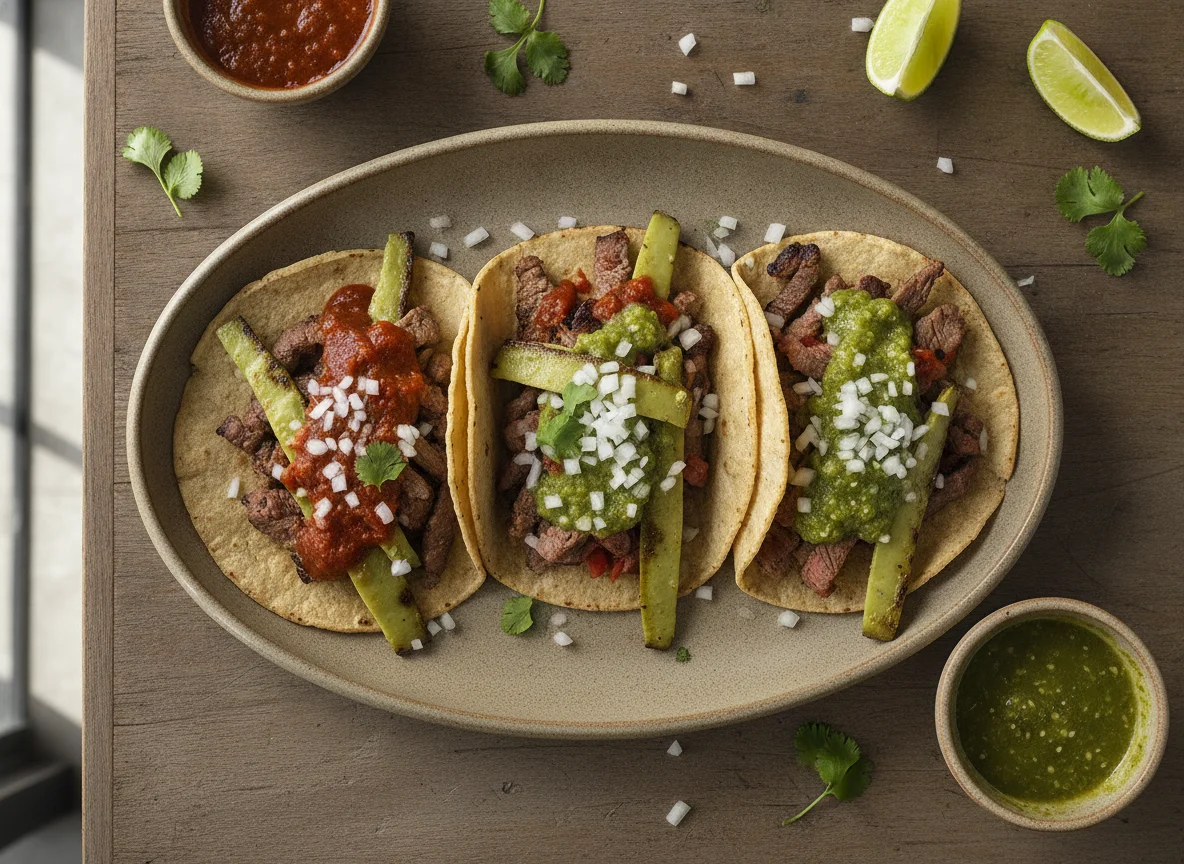 Tacos de carne asada con nopales y salsa photo